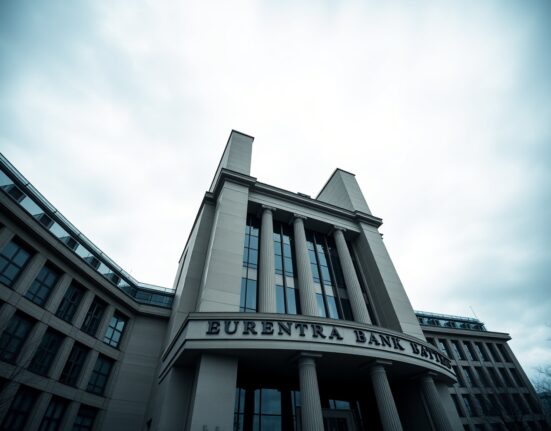 European Central Bank headquarters in Frankfurt under overcast sky
