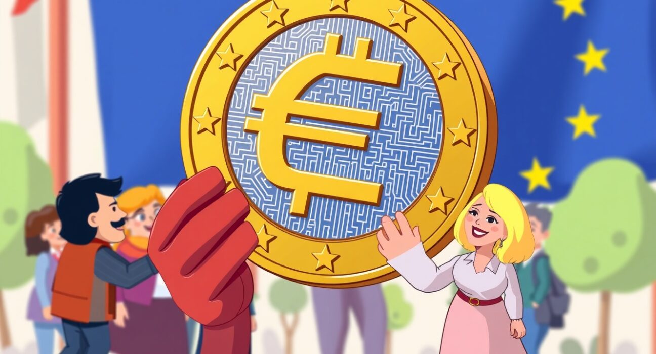 A vibrant cartoon illustrating the digital euro concept with citizens and digital elements under the European flag.