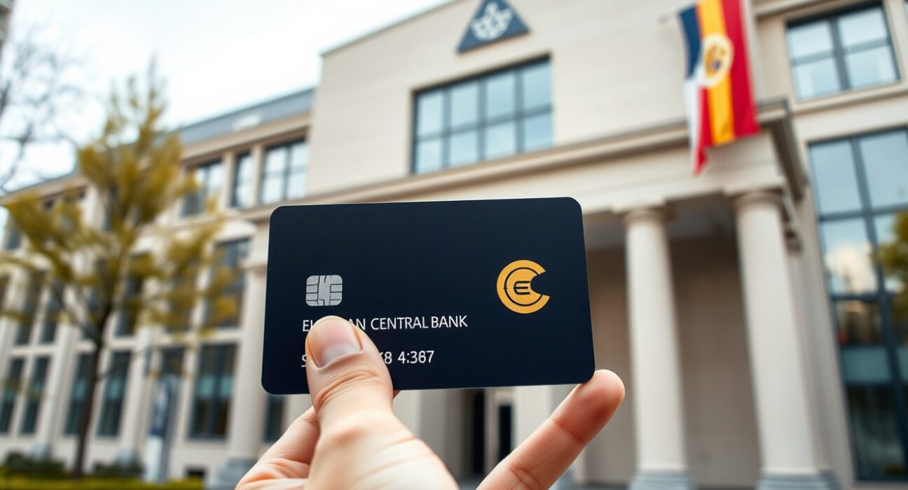 ECB building with digital euro payment card representing the new currency integration.