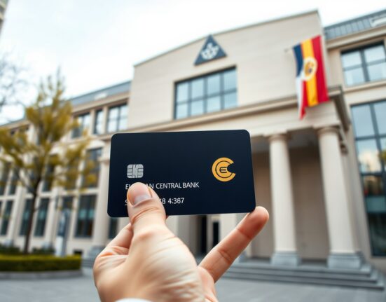 ECB building with digital euro payment card representing the new currency integration.