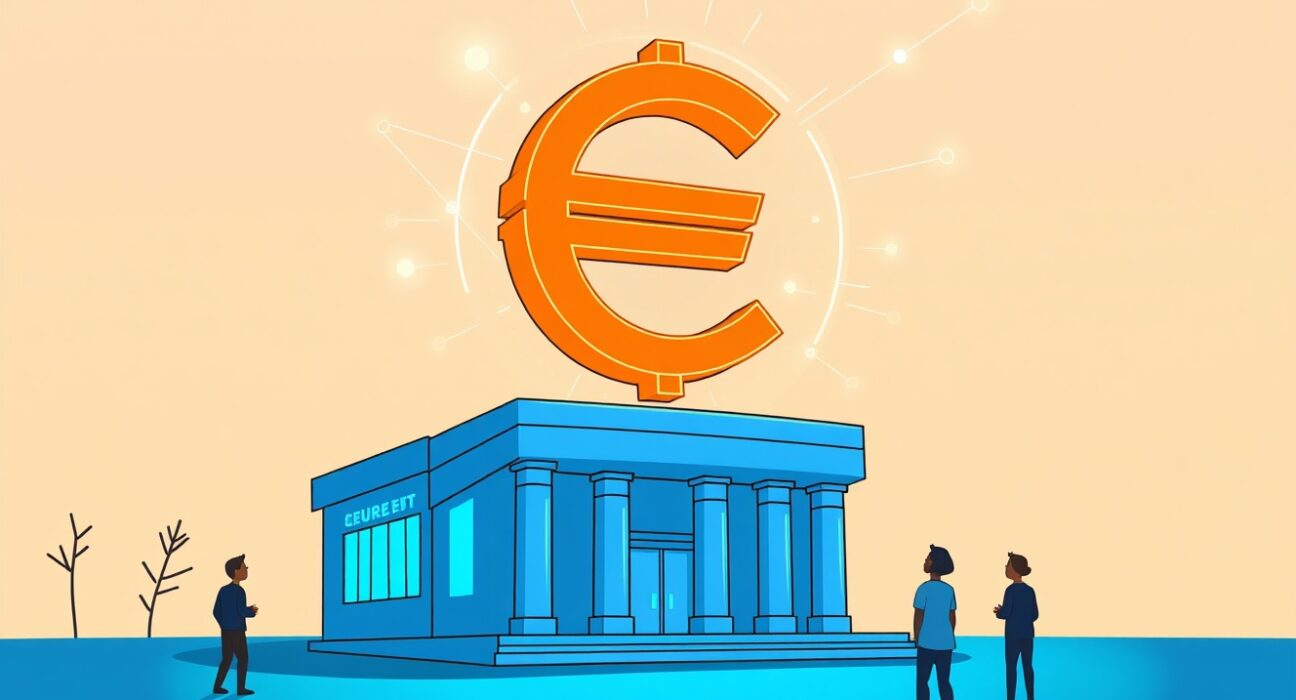 A cartoon illustration showing the European Central Bank embracing the future with its new digital euro initiative.