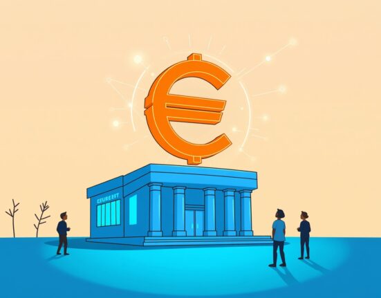 A cartoon illustration showing the European Central Bank embracing the future with its new digital euro initiative.