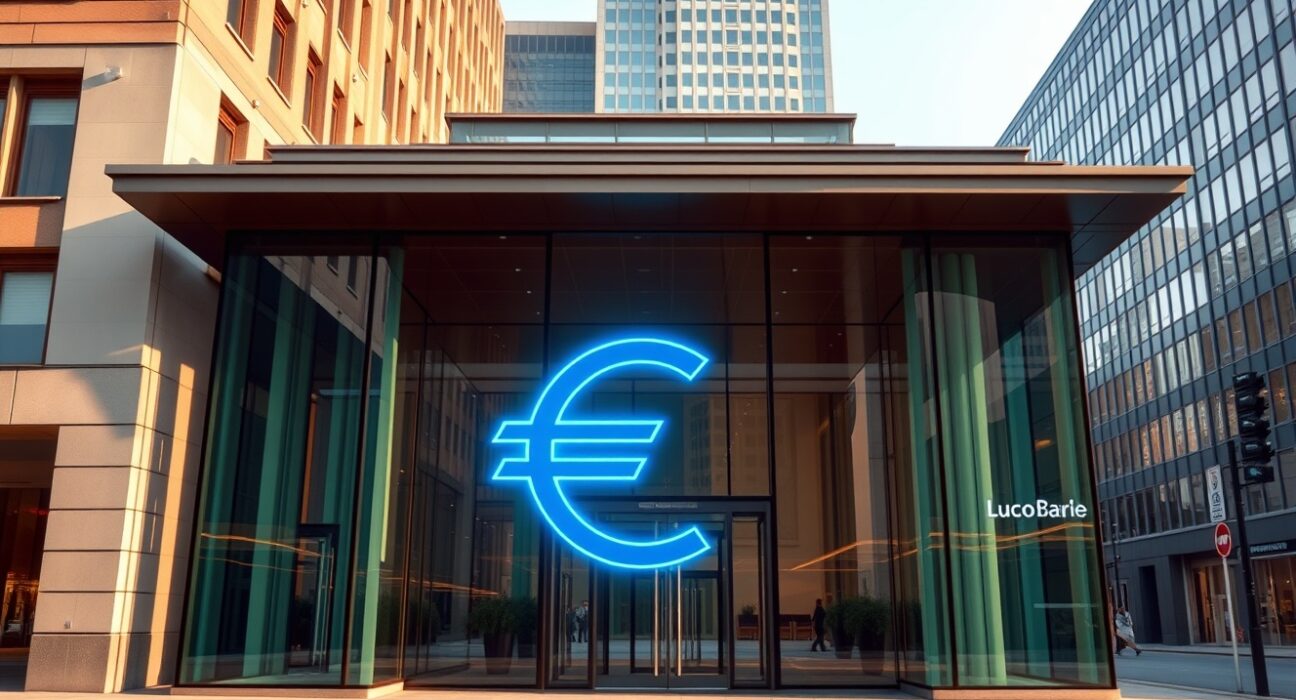 European bank building with digital euro symbol representing ECB's strategic currency initiative.