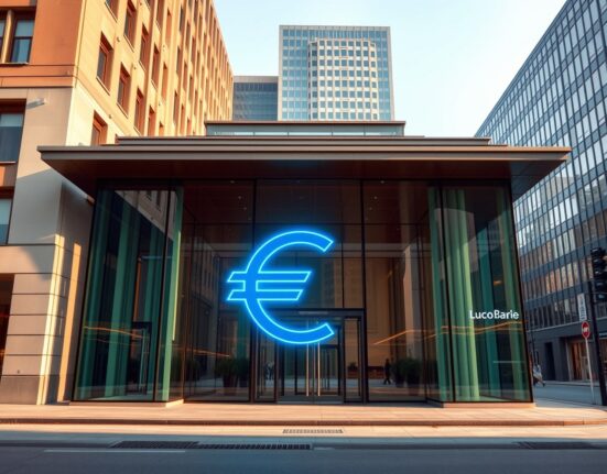 European bank building with digital euro symbol representing ECB's strategic currency initiative.