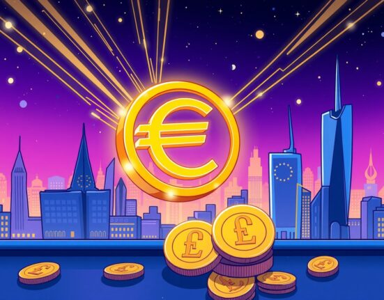 A vibrant cartoon illustrating the launch of the digital euro as a new pillar of Europe's financial system.