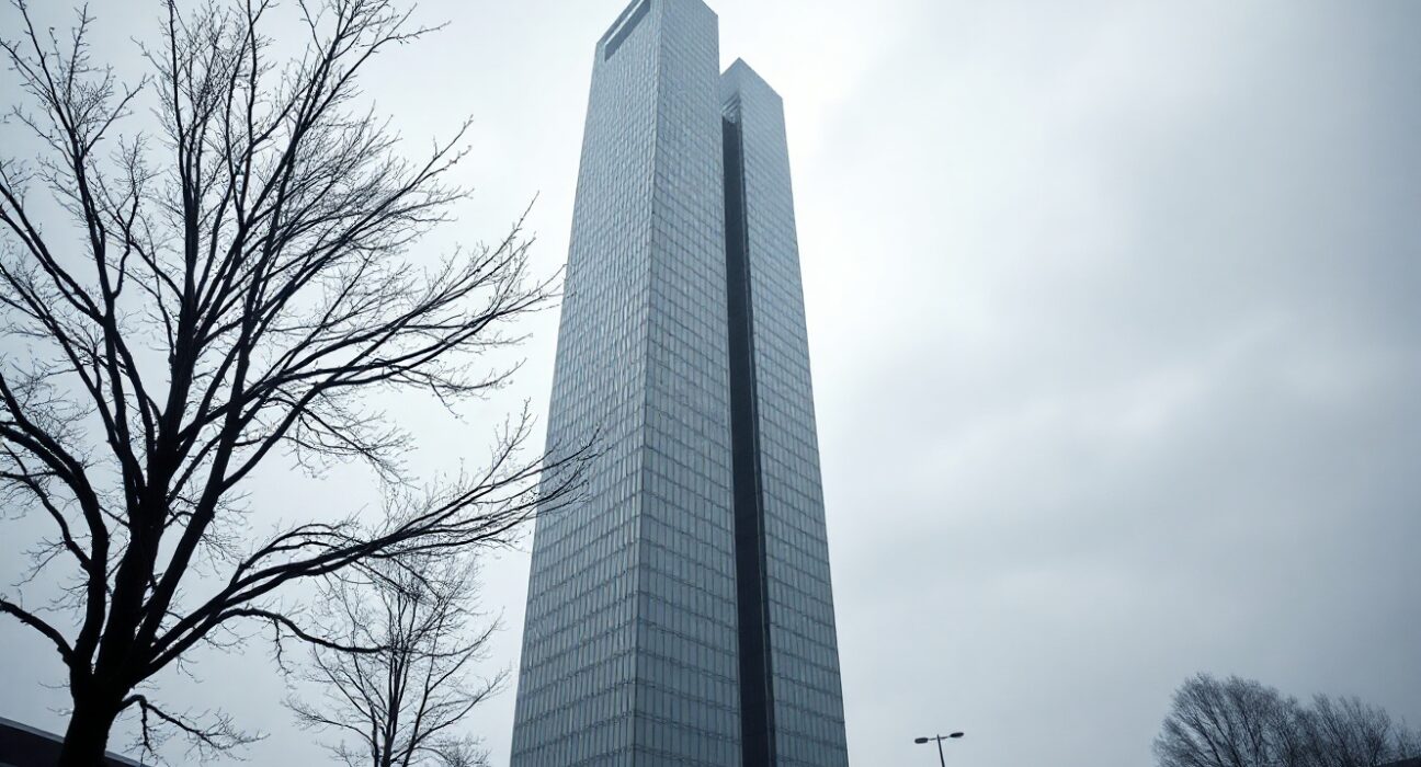 European Central Bank headquarters in Frankfurt under grey winter sky, reflecting cautious economic outlook.