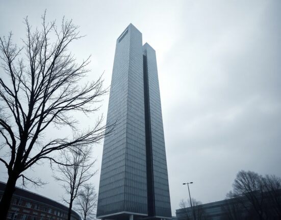 European Central Bank headquarters in Frankfurt under grey winter sky, reflecting cautious economic outlook.