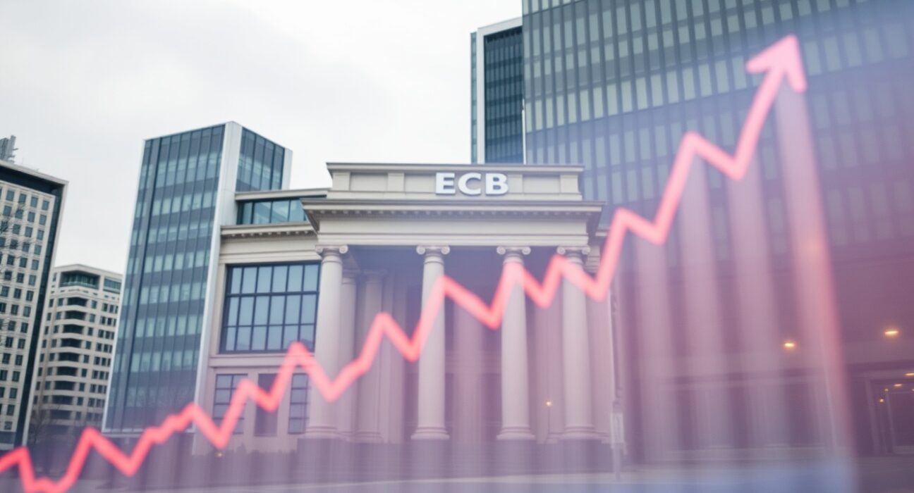 European Central Bank building with energy price volatility chart overlay representing economic uncertainty