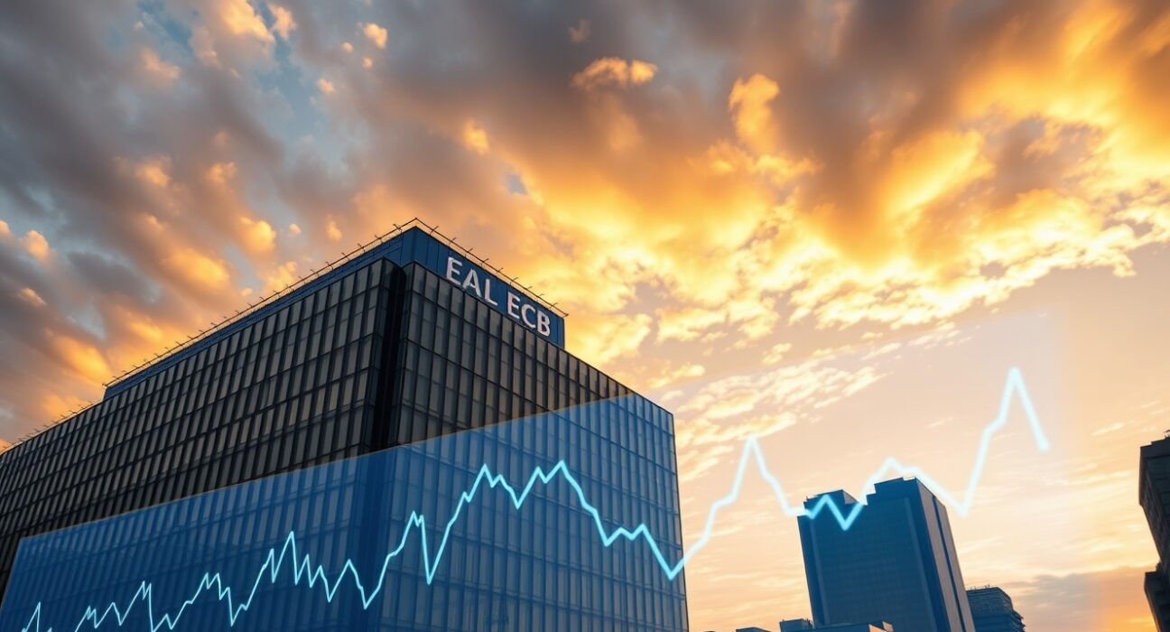 European Central Bank headquarters in Frankfurt with energy market data visualization overlay representing inflation pressure