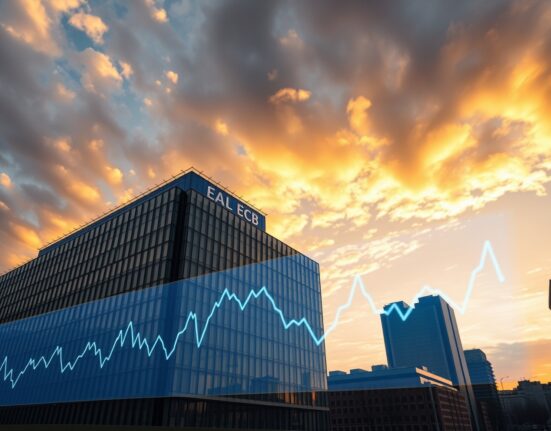 European Central Bank headquarters in Frankfurt with energy market data visualization overlay representing inflation pressure