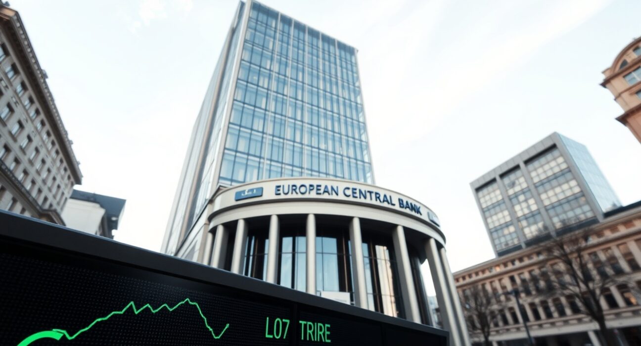 European Central Bank building with energy price charts reflecting monetary policy decisions on interest rates