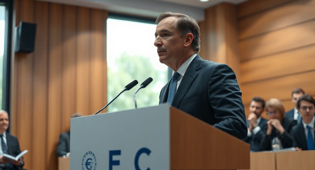 ECB board member Escriva speaking at a press conference in Frankfurt, warning about energy inflation pass-through.