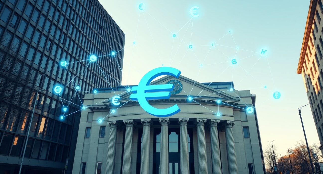European Central Bank headquarters with blockchain network visualization representing tokenized finance initiative
