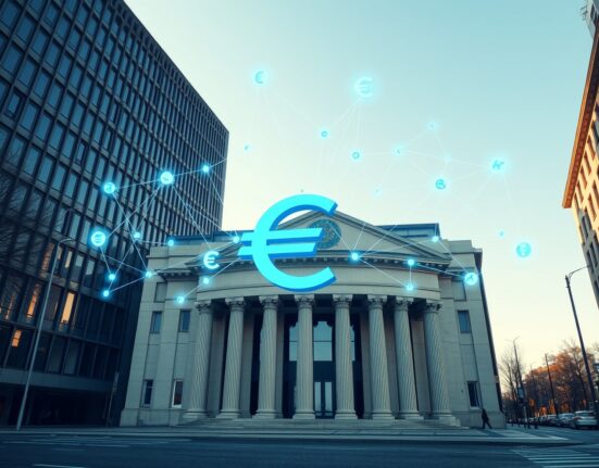 European Central Bank headquarters with blockchain network visualization representing tokenized finance initiative