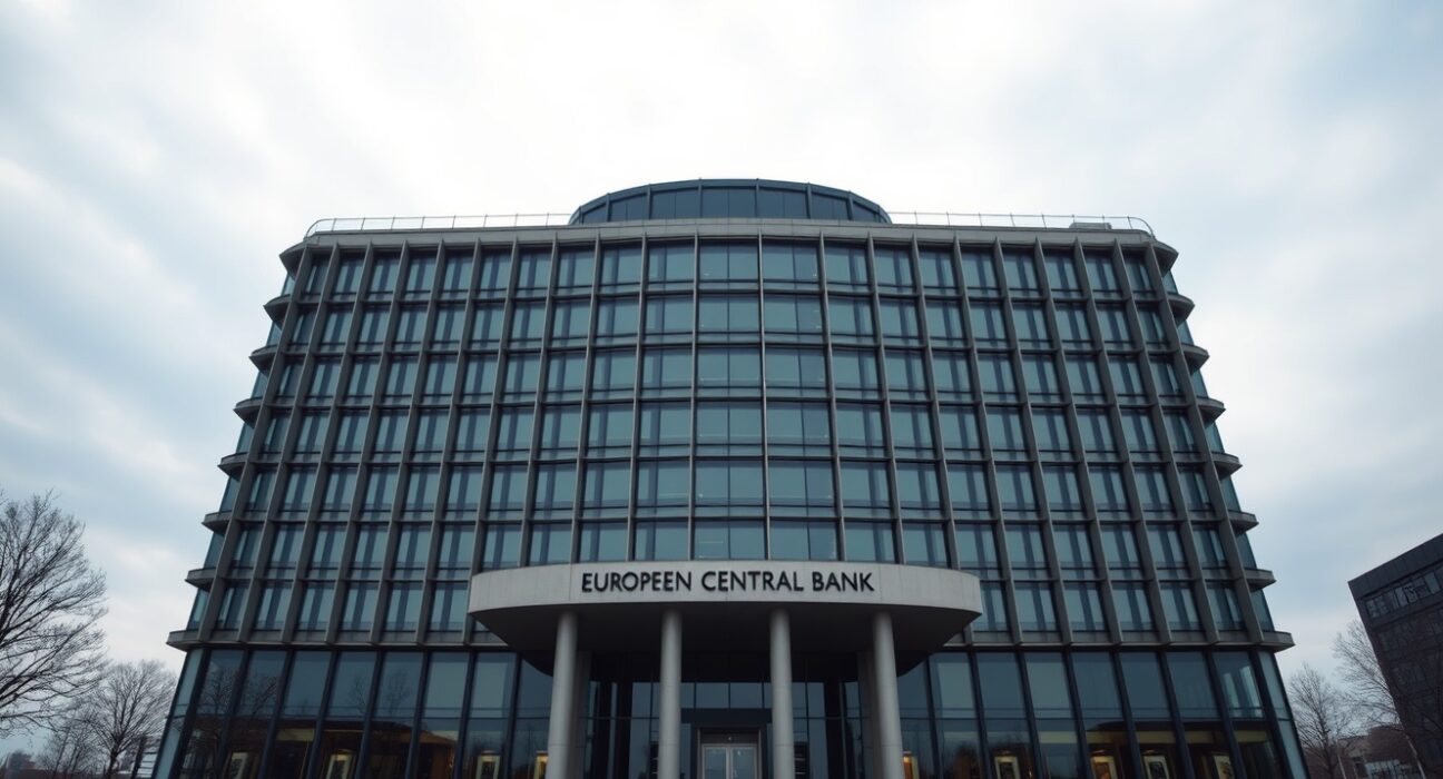 European Central Bank headquarters in Frankfurt on a clear day, symbolizing upcoming monetary policy decision.