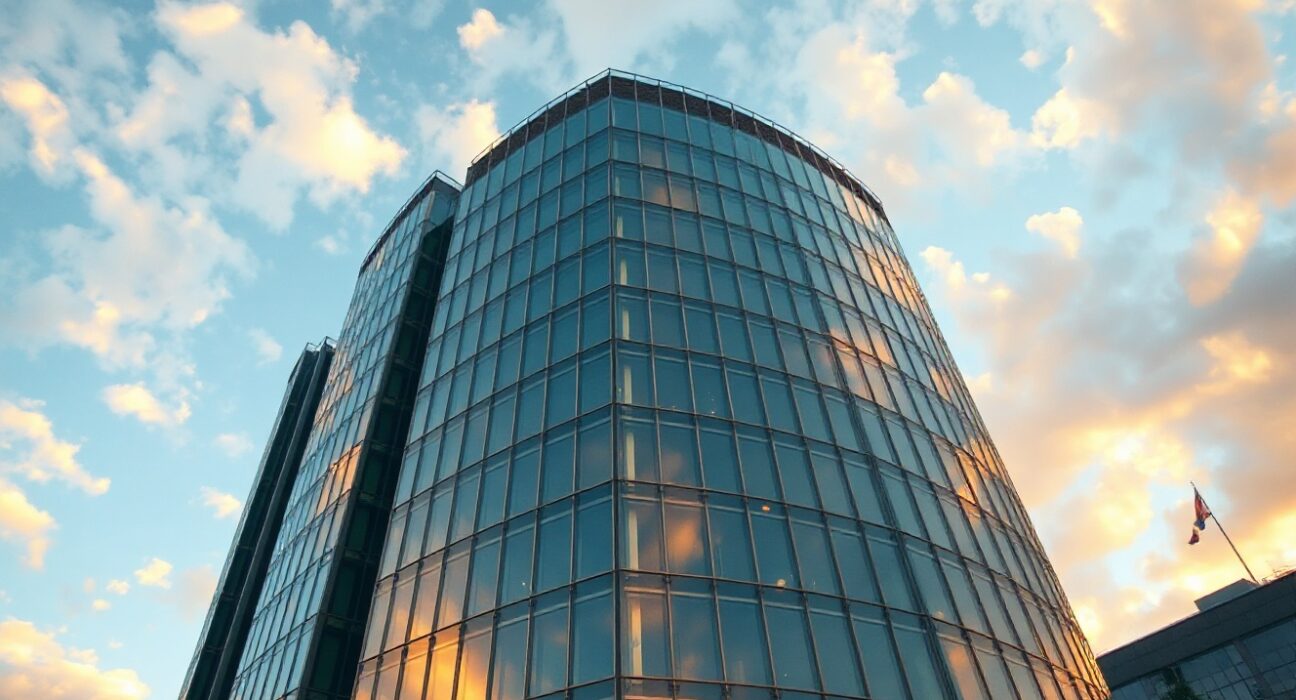 European Central Bank headquarters in Frankfurt, Germany, with golden hour lighting