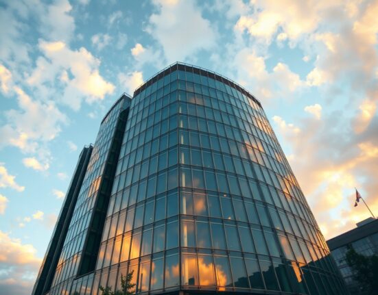 European Central Bank headquarters in Frankfurt, Germany, with golden hour lighting