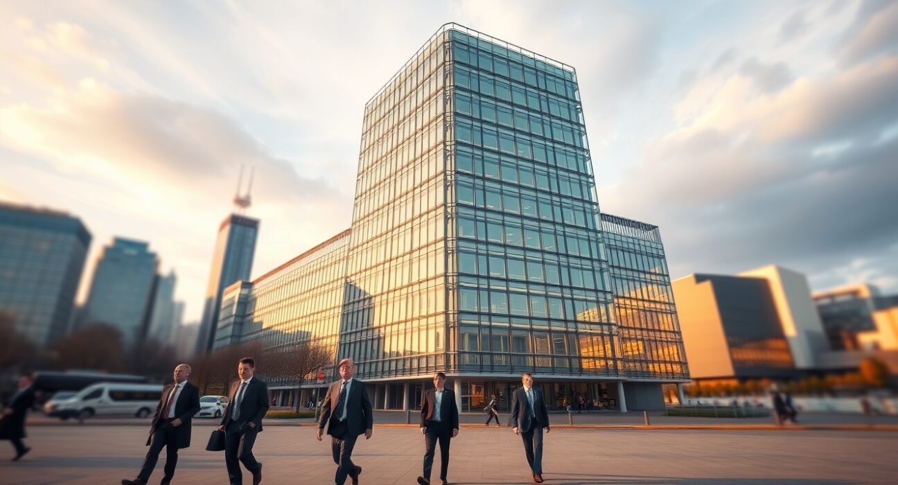 European Central Bank headquarters in Frankfurt with professionals entering, representing ECB monetary policy decisions