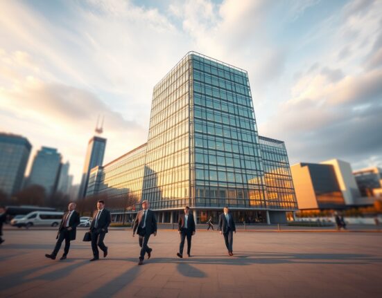 European Central Bank headquarters in Frankfurt with professionals entering, representing ECB monetary policy decisions