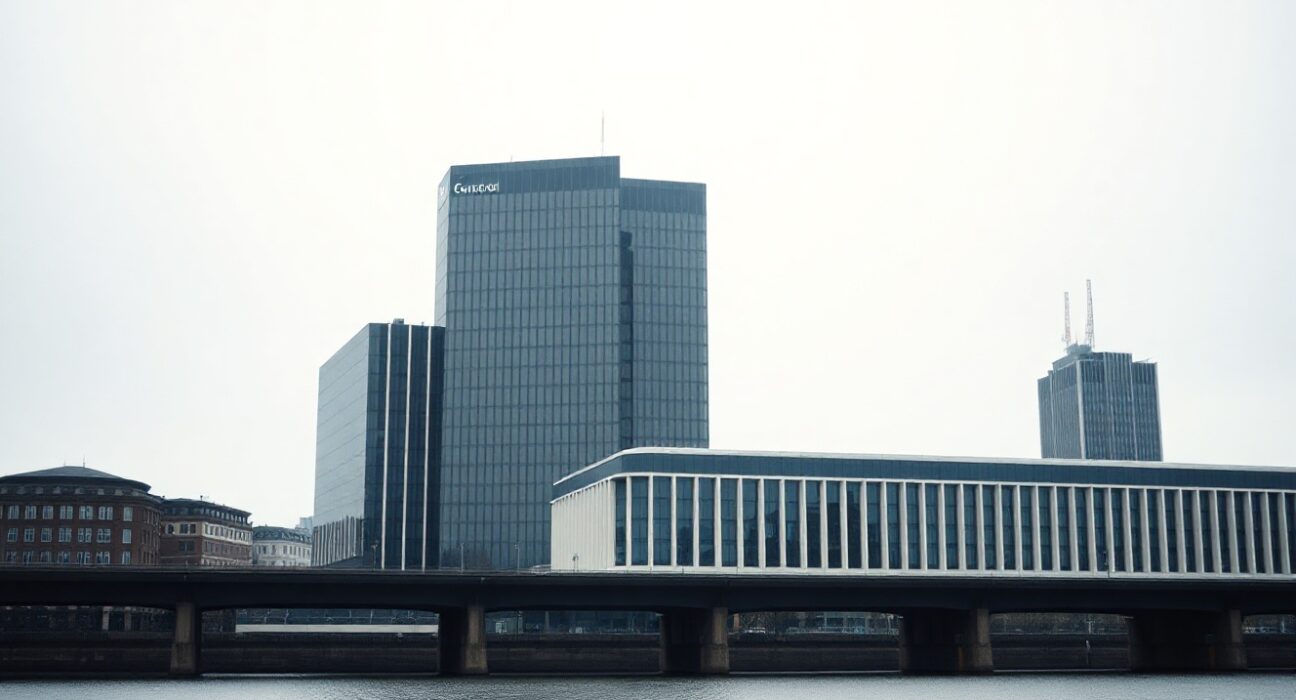 European Central Bank headquarters in Frankfurt, Germany, under overcast sky.