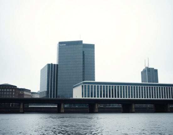 European Central Bank headquarters in Frankfurt, Germany, under overcast sky.