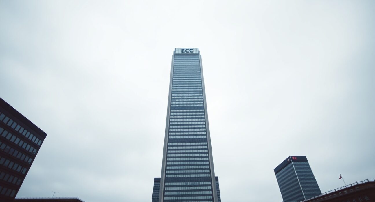 European Central Bank headquarters in Frankfurt under overcast skies, symbolizing the ECB hawkish hold and upcoming June monetary policy options analyzed by Nordea.