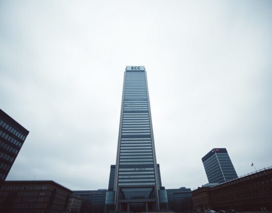 European Central Bank headquarters in Frankfurt under overcast skies, symbolizing the ECB hawkish hold and upcoming June monetary policy options analyzed by Nordea.