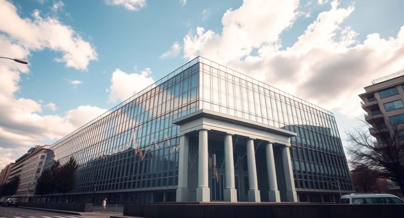 European Central Bank headquarters with oil price chart overlay representing monetary policy analysis