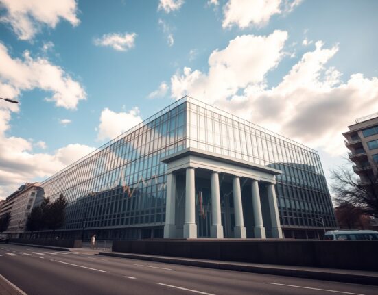 European Central Bank headquarters with oil price chart overlay representing monetary policy analysis