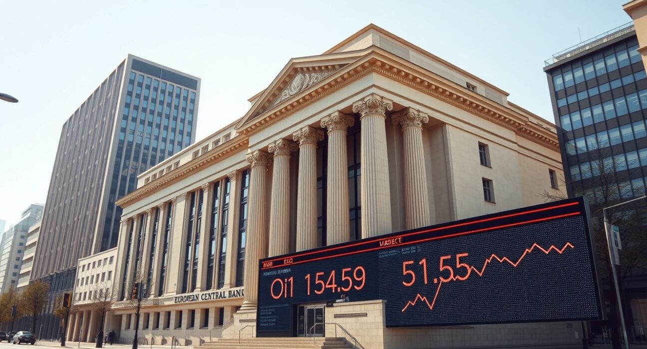 European Central Bank headquarters with oil price indicators reflecting monetary policy concerns
