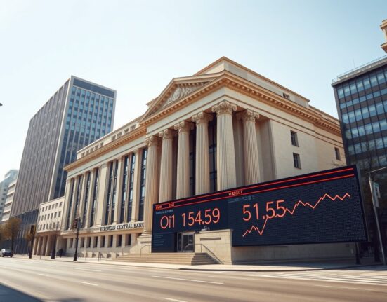 European Central Bank headquarters with oil price indicators reflecting monetary policy concerns