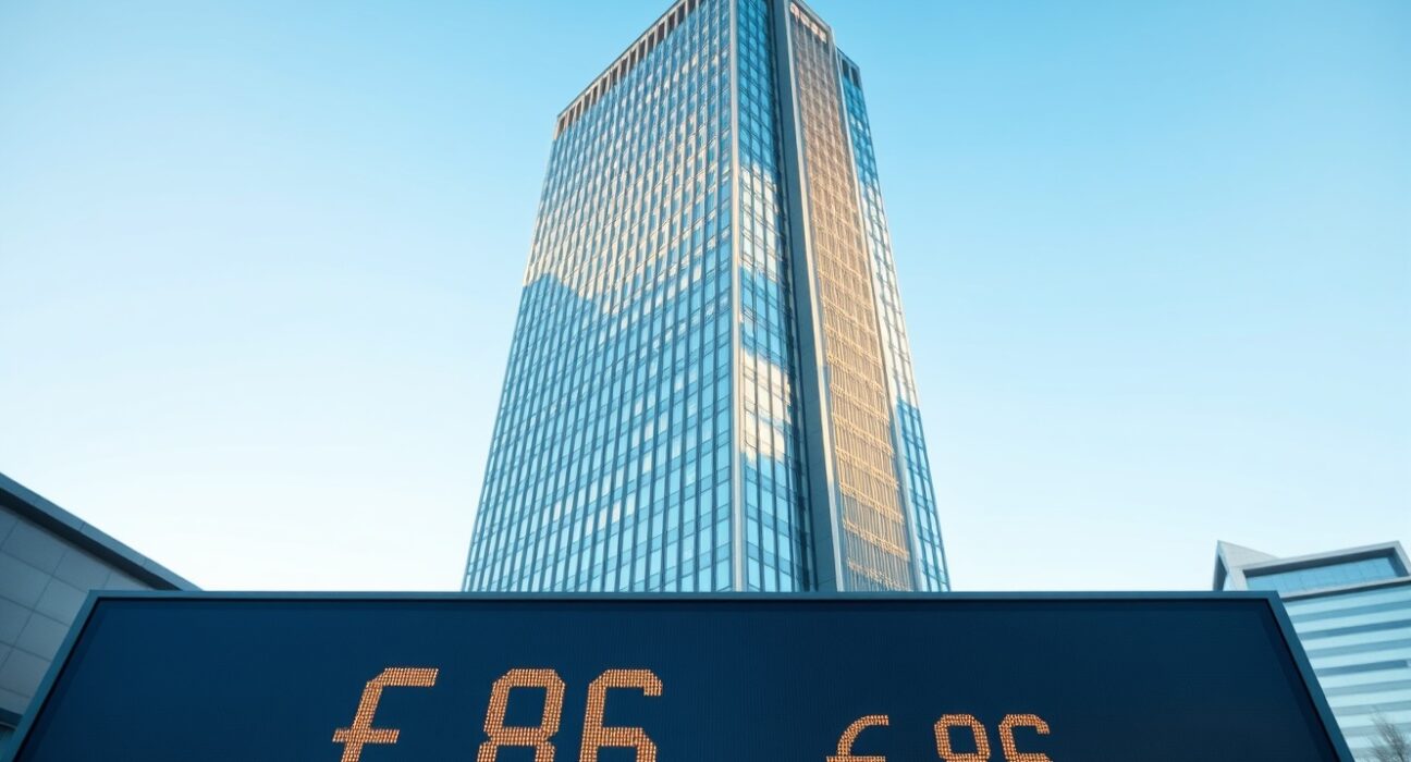 European Central Bank headquarters with oil price indicators reflecting inflation concerns