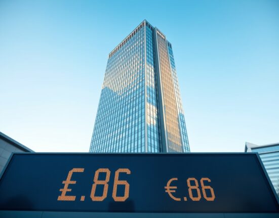 European Central Bank headquarters with oil price indicators reflecting inflation concerns