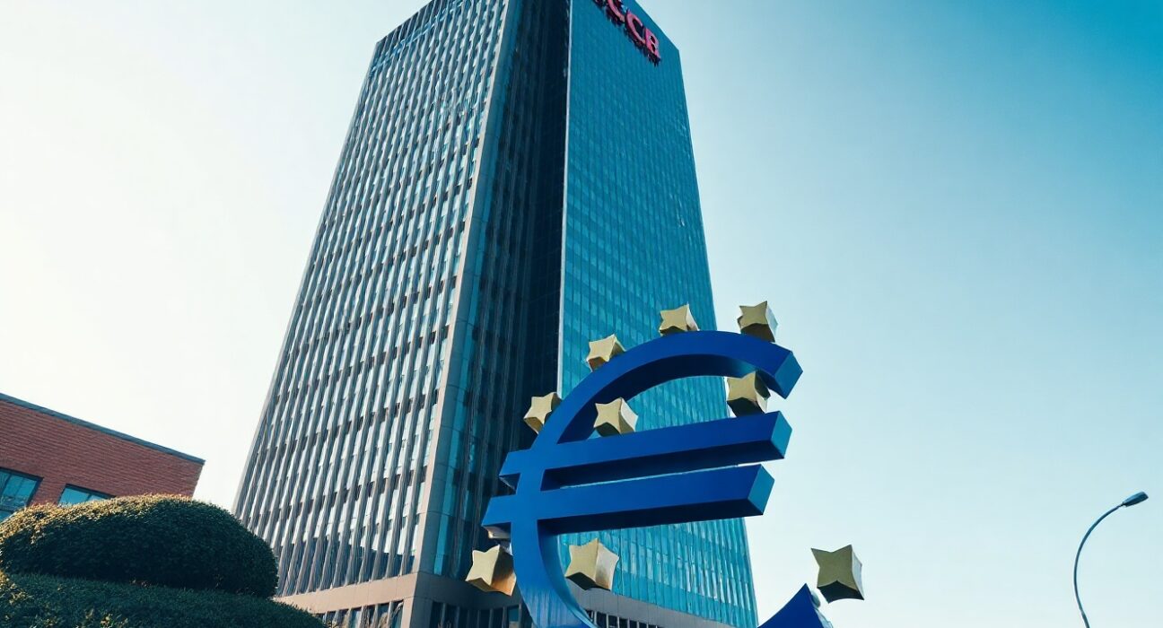European Central Bank headquarters in Frankfurt with Euro sculpture in foreground