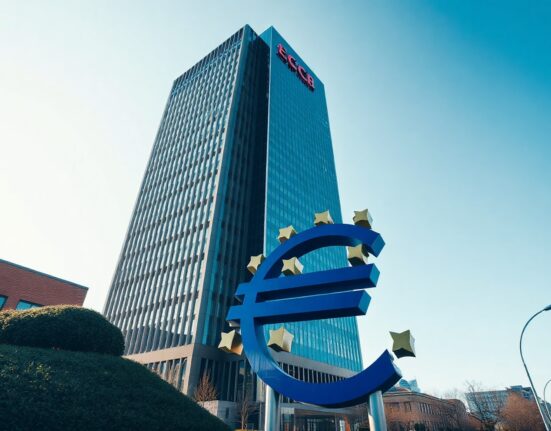 European Central Bank headquarters in Frankfurt with Euro sculpture in foreground