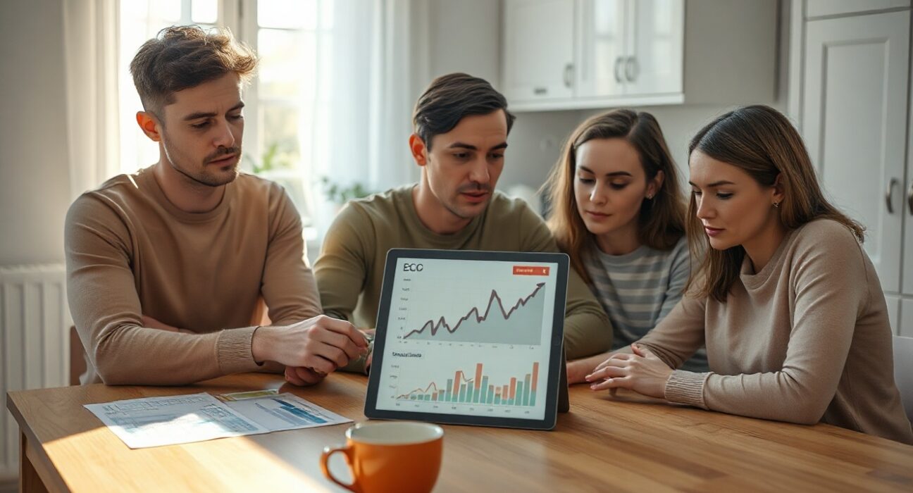 Family reviewing ECB inflation data on a tablet in a modern kitchen setting