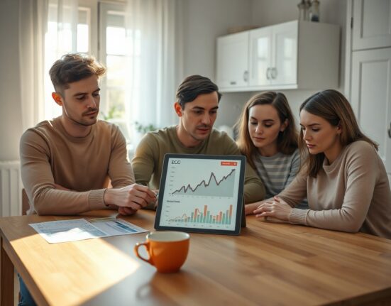 Family reviewing ECB inflation data on a tablet in a modern kitchen setting