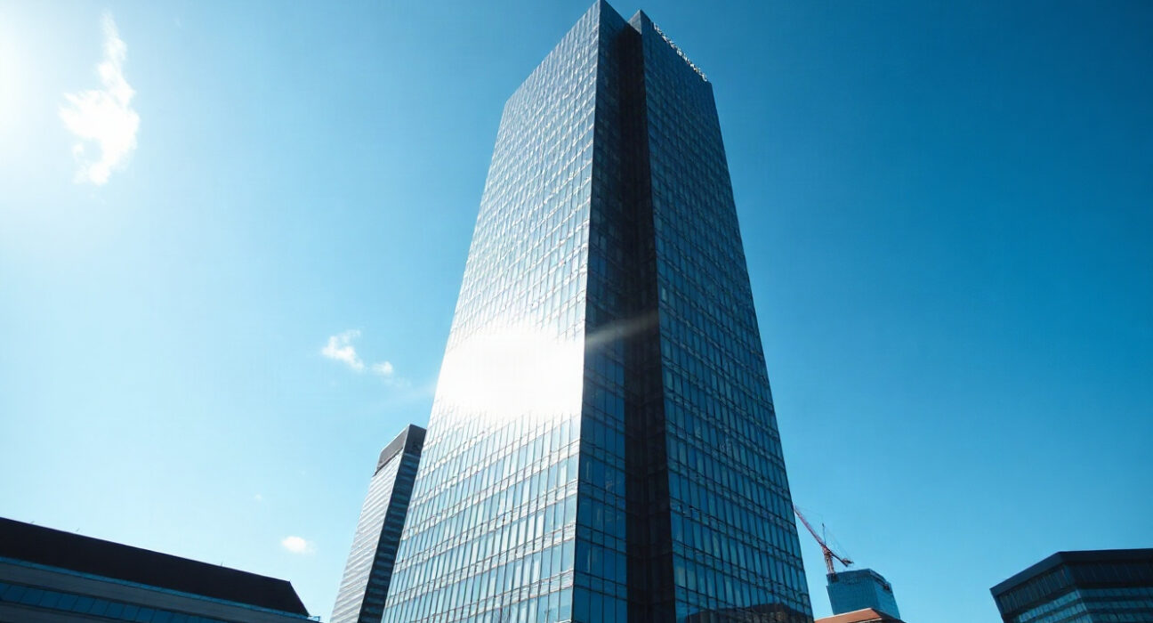European Central Bank headquarters in Frankfurt, Germany, on a clear day.