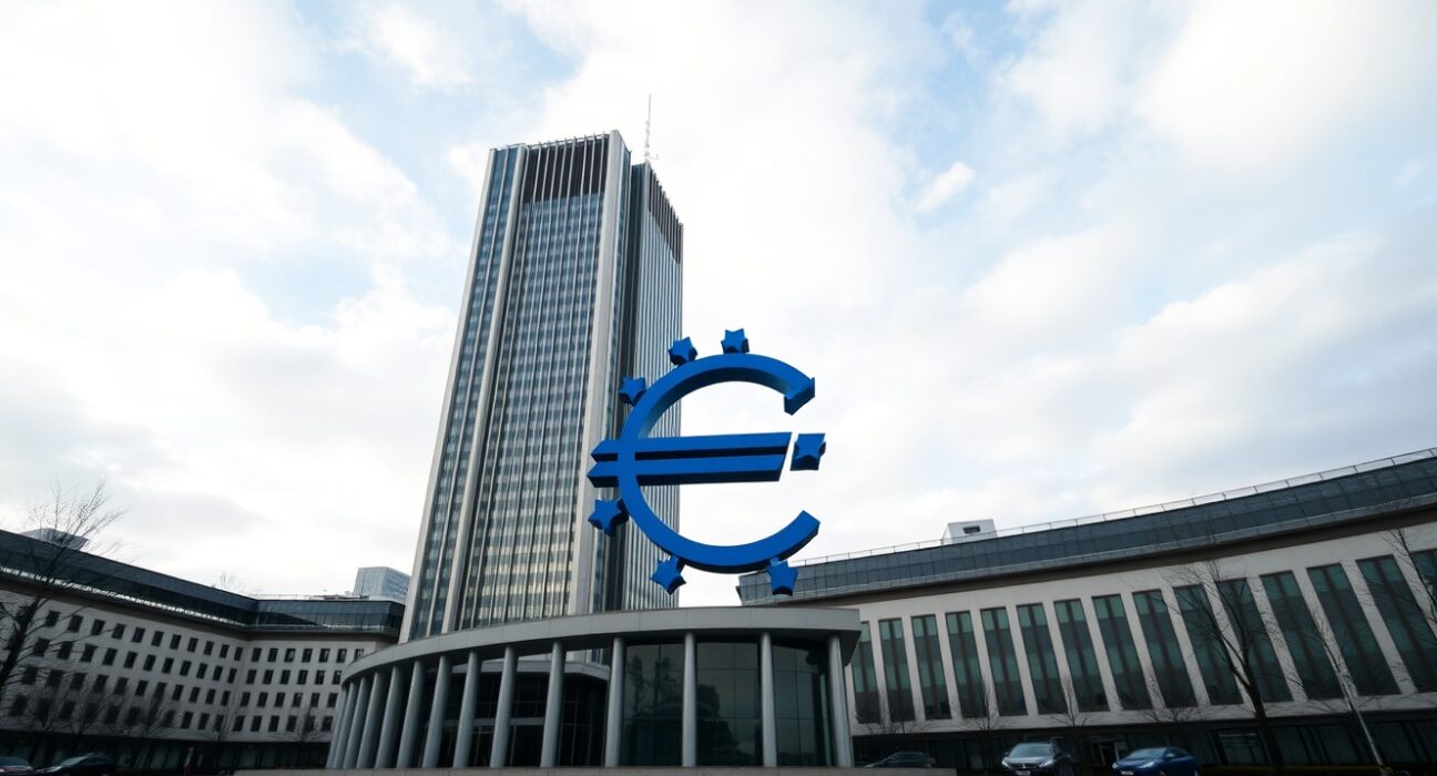 ECB headquarters in Frankfurt with Euro sculpture, representing inflation signals and monetary policy patience
