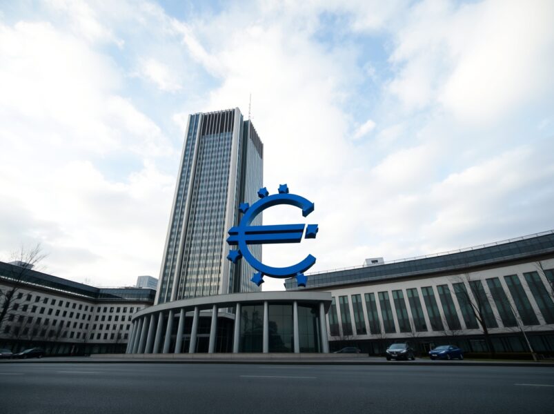 ECB headquarters in Frankfurt with Euro sculpture, representing inflation signals and monetary policy patience