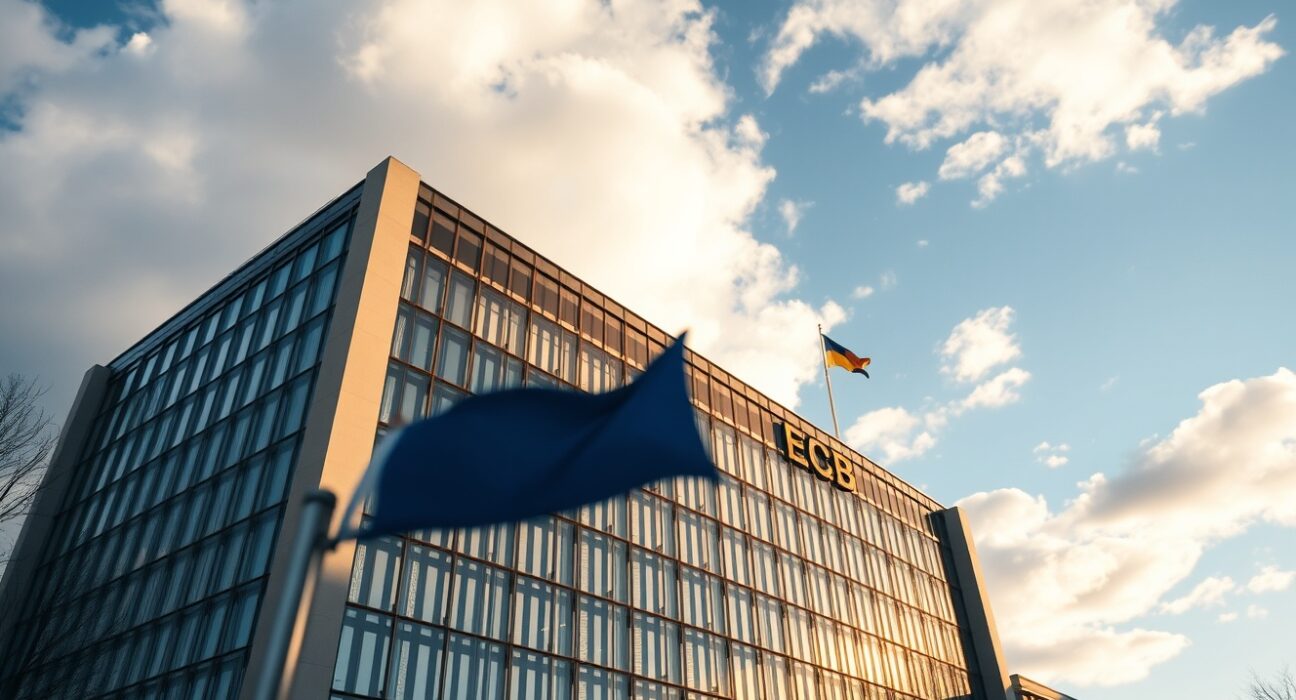 European Central Bank headquarters in Frankfurt with analysis of geopolitical conflict risks impacting interest rate decisions