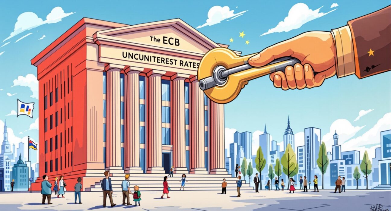 A cartoon illustration showing the ECB maintaining stable interest rates, symbolizing the European Central Bank's decision.