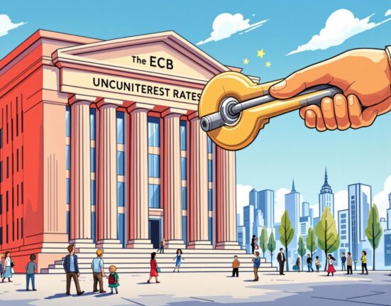 A cartoon illustration showing the ECB maintaining stable interest rates, symbolizing the European Central Bank's decision.