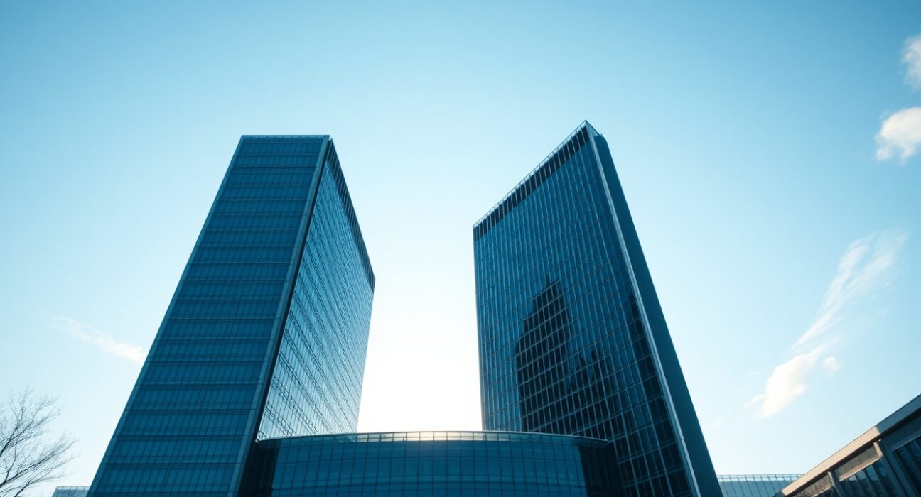 European Central Bank headquarters in Frankfurt under a clear blue sky, representing eurozone monetary policy analysis.