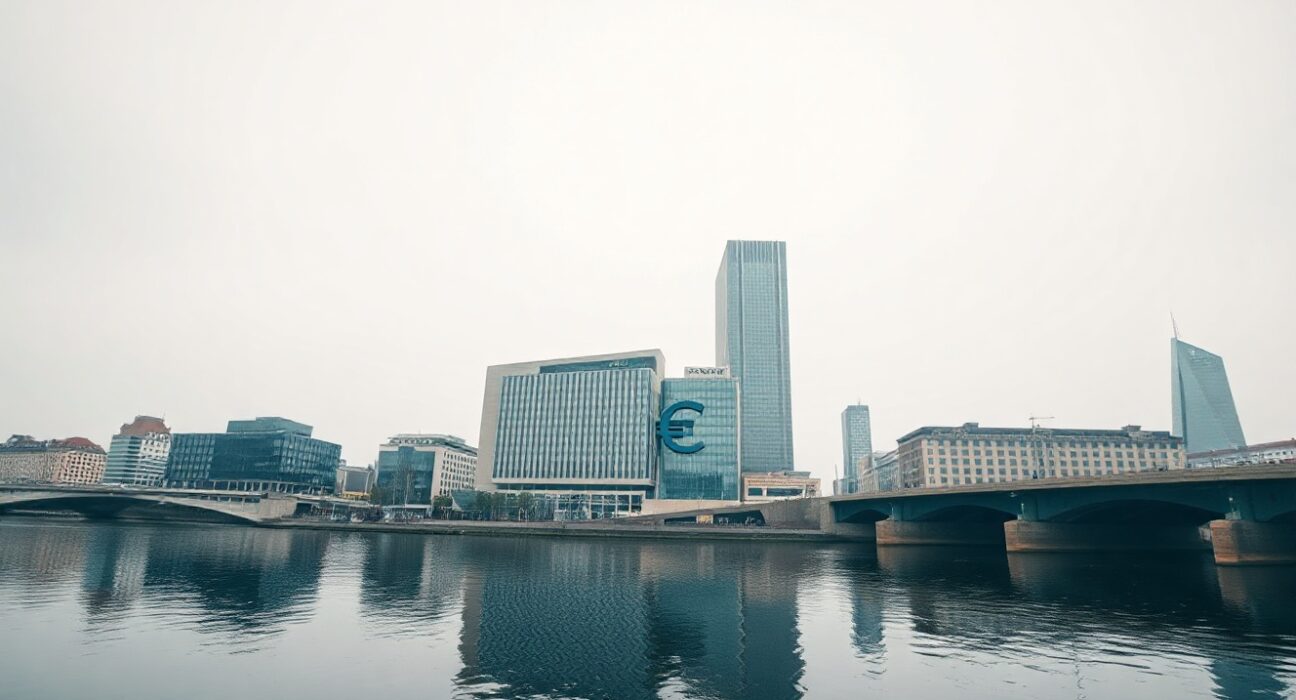 European Central Bank headquarters in Frankfurt under overcast sky, reflecting in the Main River.