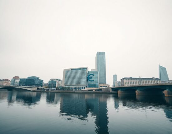 European Central Bank headquarters in Frankfurt under overcast sky, reflecting in the Main River.