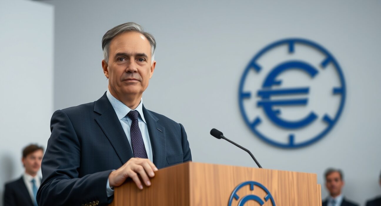 ECB policymaker Kazāks speaking at a press conference, signaling improved eurozone economic outlook