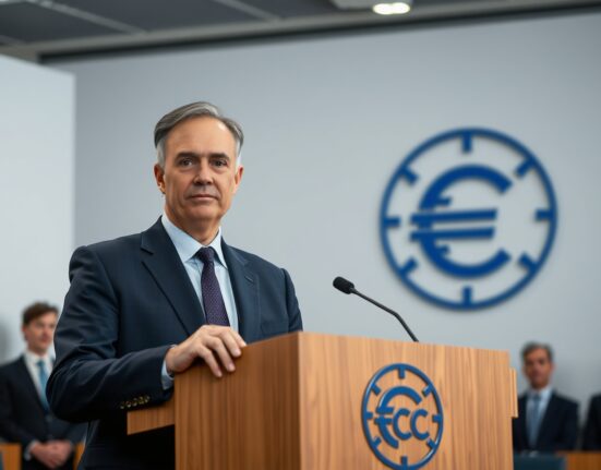 ECB policymaker Kazāks speaking at a press conference, signaling improved eurozone economic outlook
