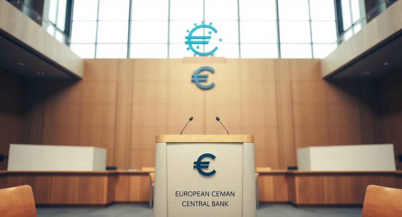 European Central Bank press conference room in Frankfurt with podium and ECB logo