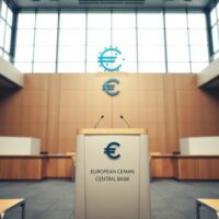 European Central Bank press conference room in Frankfurt with podium and ECB logo